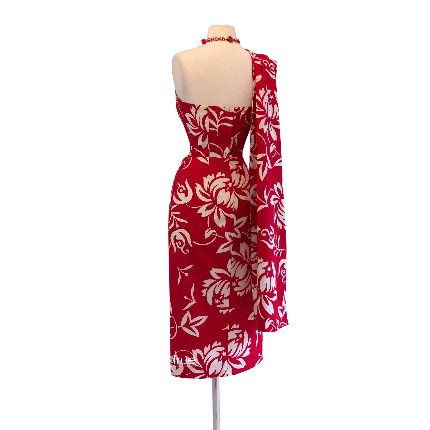 vintage 1950's dress ...iconic ALFRED SHAHEEN red hawaiian sarong dress