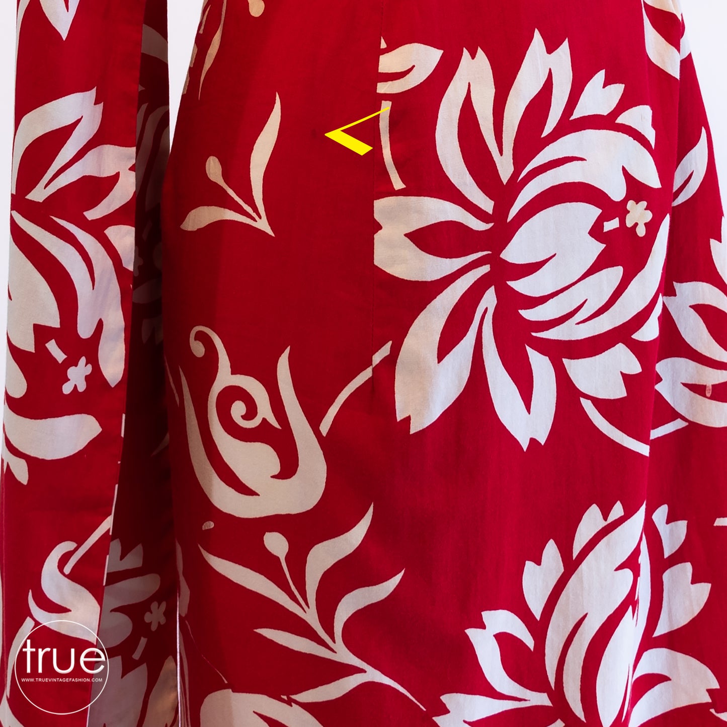 vintage 1950's dress ...iconic ALFRED SHAHEEN red hawaiian sarong dress