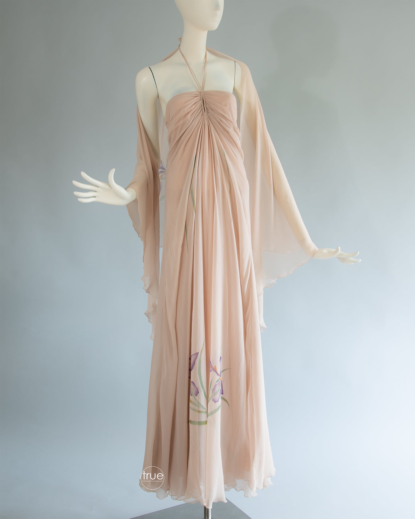 vintage 1970's dress ...ethereal St. Simon nude chiffon watercolor floral halter dress & shawl