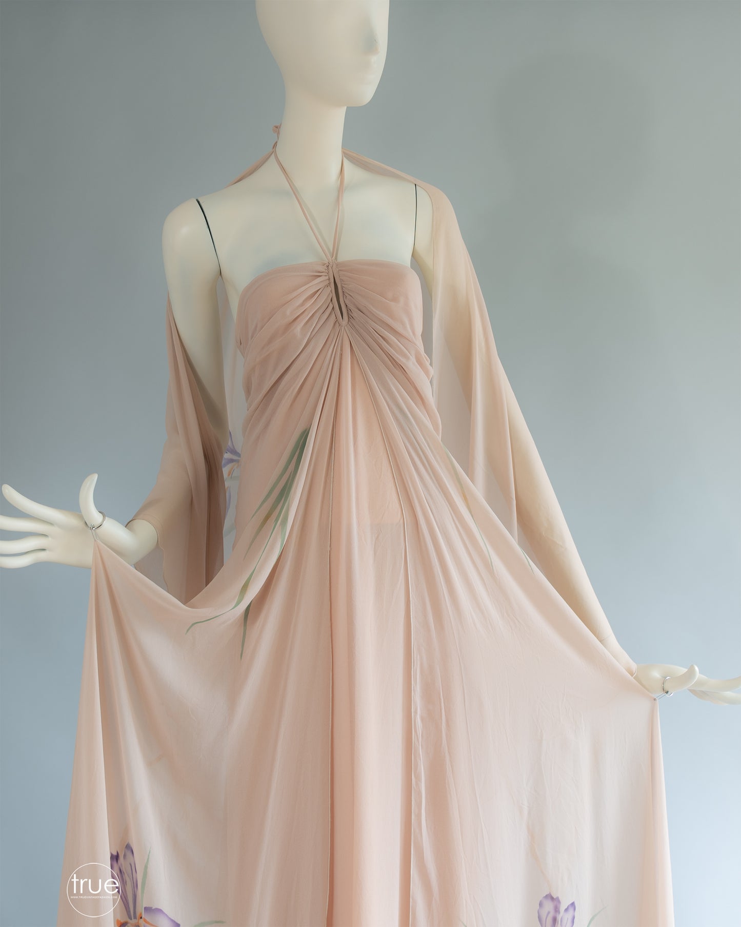 vintage 1970's dress ...ethereal St. Simon nude chiffon watercolor floral halter dress & shawl
