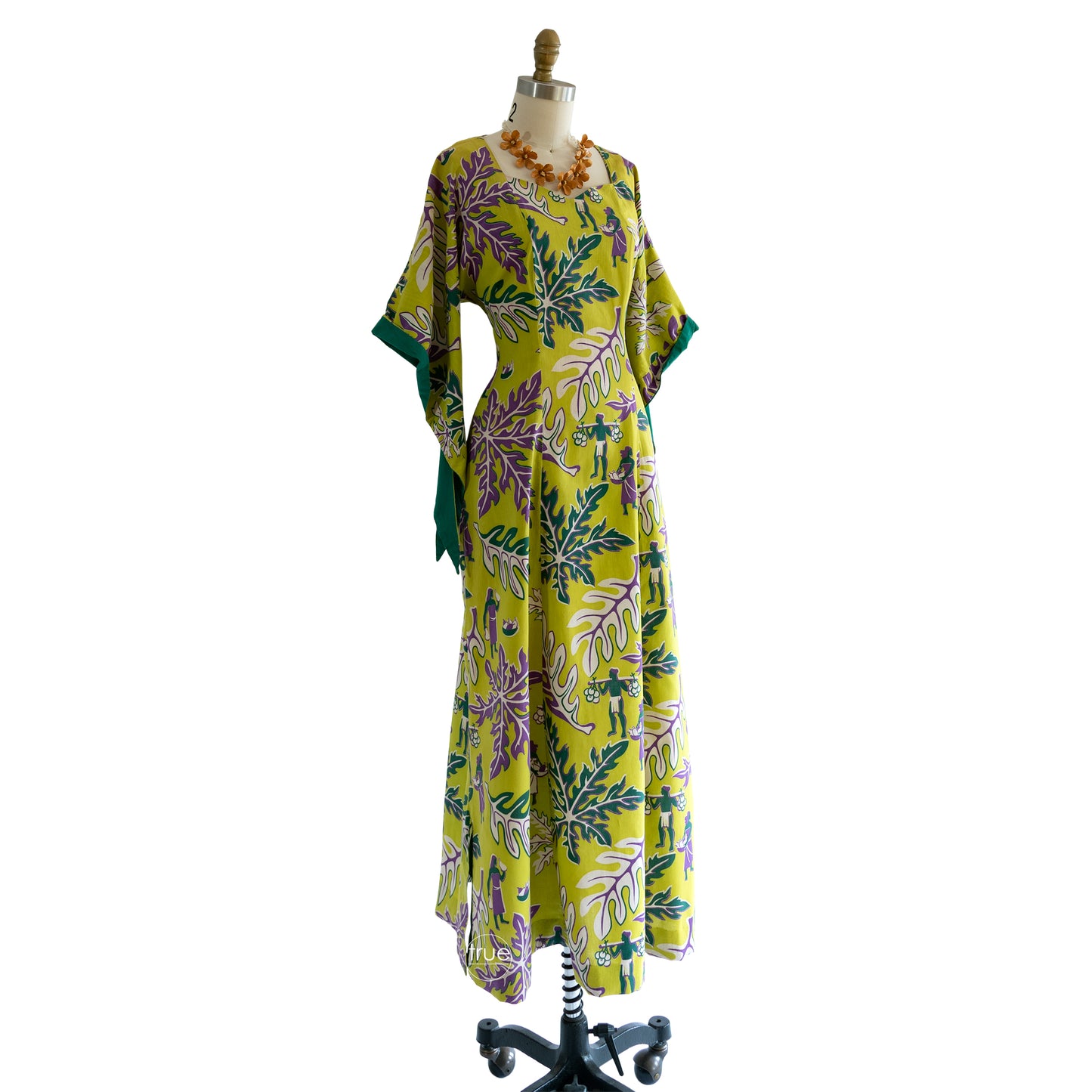 vintage 1940's dress ...rare SURFRIDERS chartreuse cotton hawaiian pake muu dress