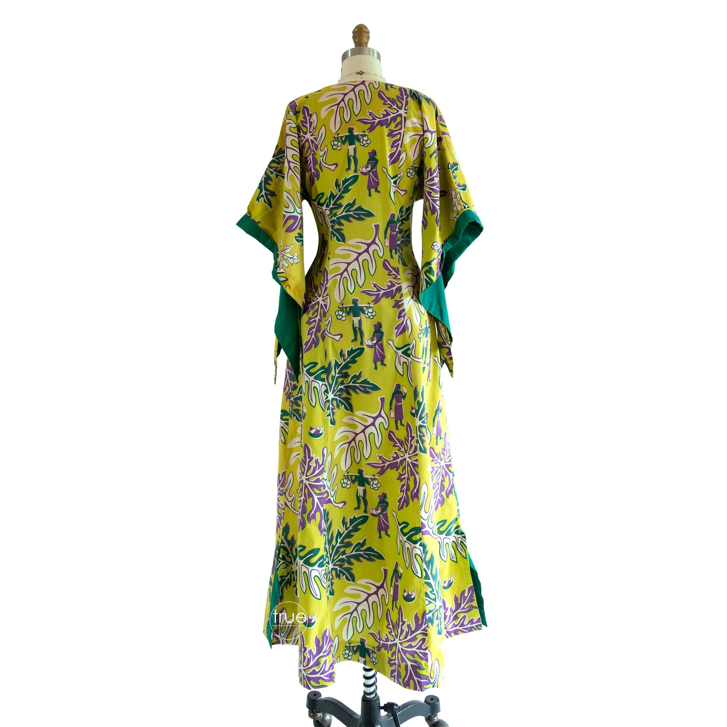 vintage 1940's dress ...rare SURFRIDERS chartreuse cotton hawaiian pake muu dress