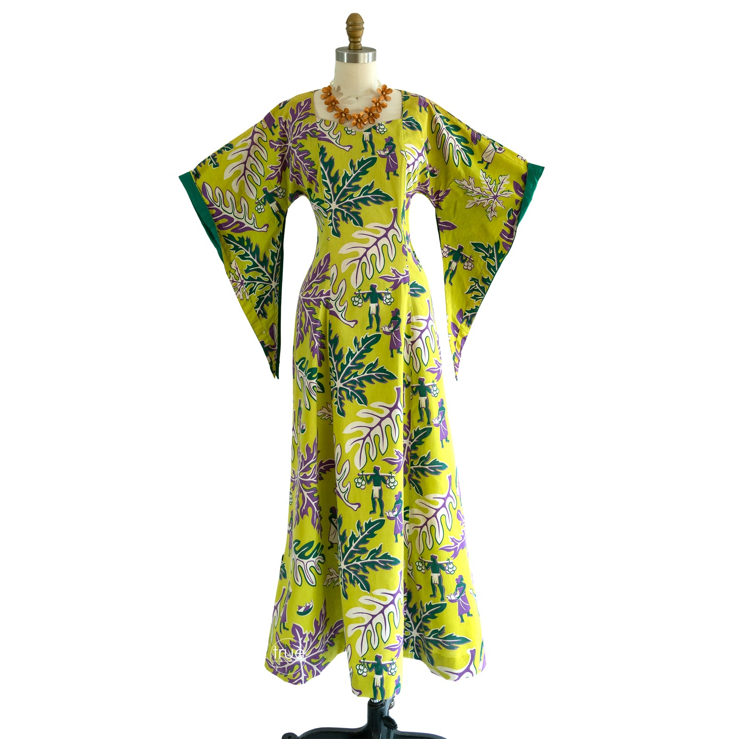 vintage 1940's dress ...rare SURFRIDERS chartreuse cotton hawaiian pake muu dress