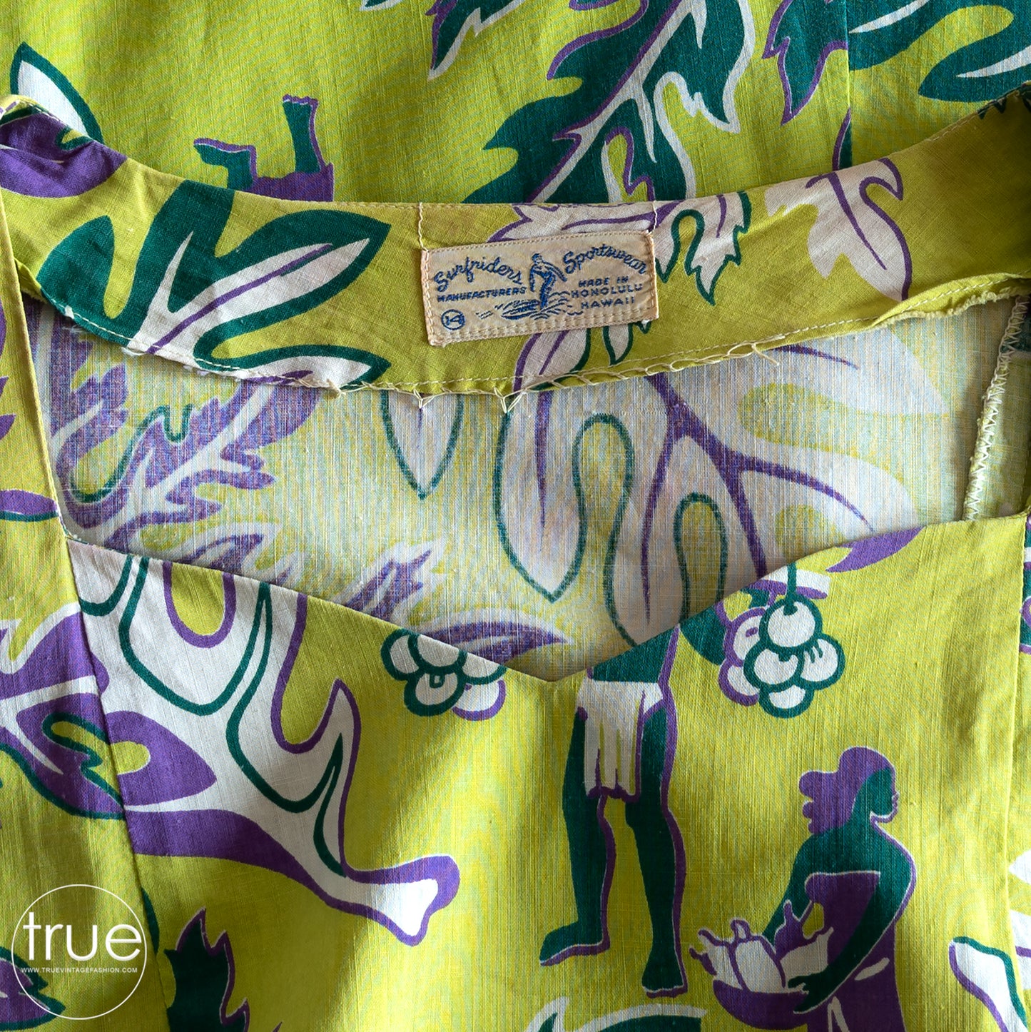 vintage 1940's dress ...rare SURFRIDERS chartreuse cotton hawaiian pake muu dress