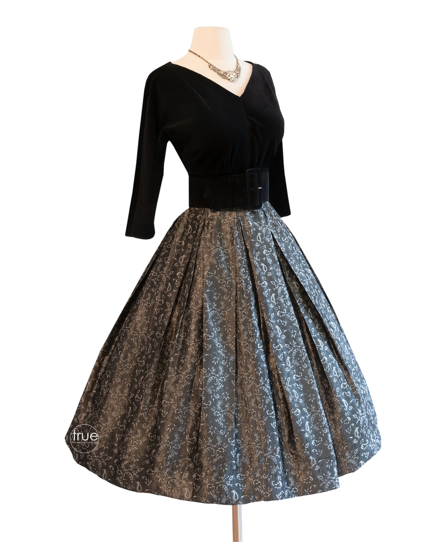 vintage 1950's dress ...classic beauty Suzy Perette velvet bodice & metallic gray jacquard skirt