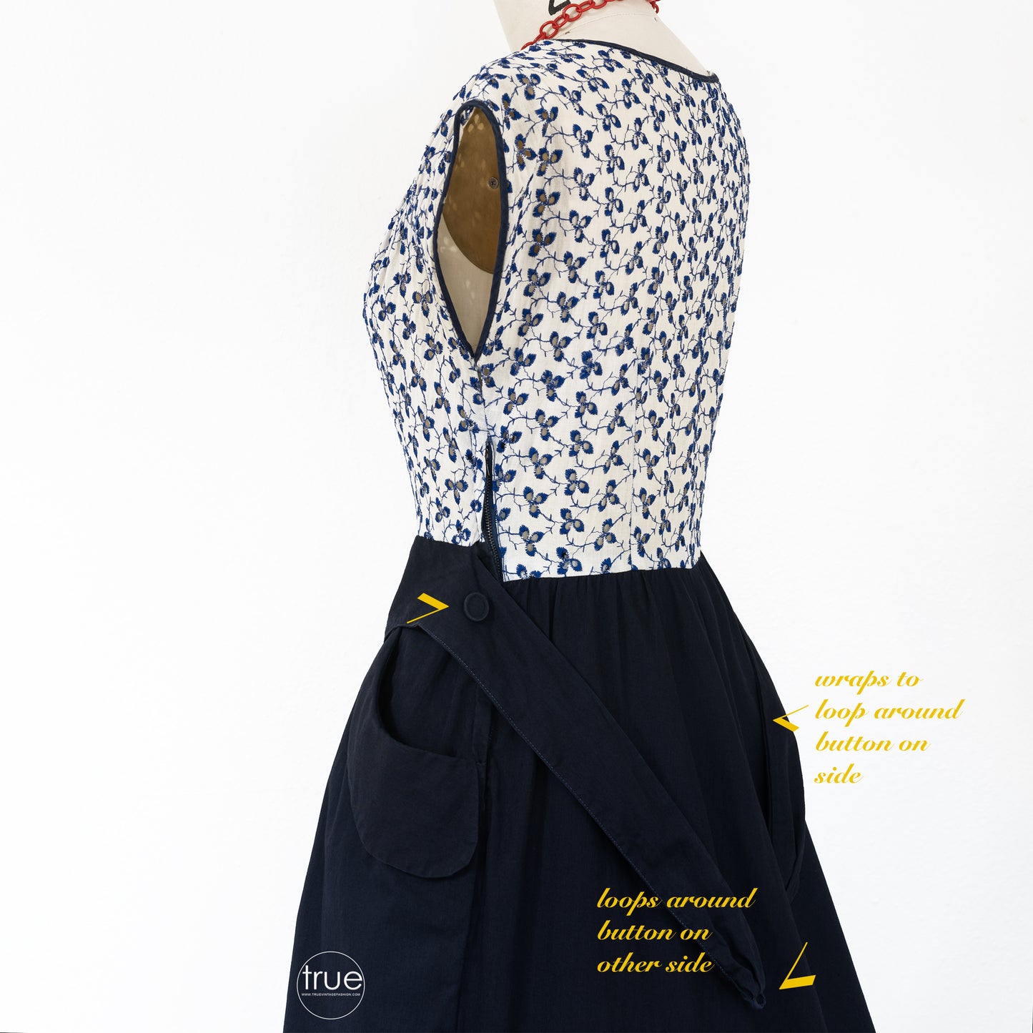 vintage 1940's dress ...navy skirt & blue eyelet VARSITY dress w/ POCKETS!