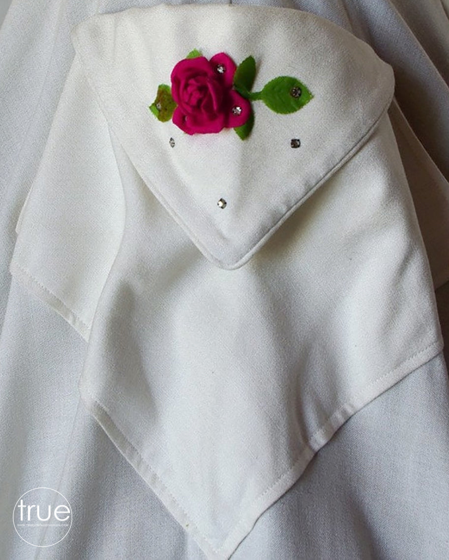 vintage 1950's dress ...ivory linen full CIRCLE SKIRT dress with gorgeous velvet 3D millinery roses