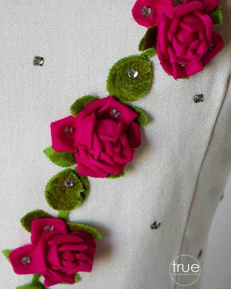 vintage 1950's dress ...ivory linen full CIRCLE SKIRT dress with gorgeous velvet 3D millinery roses