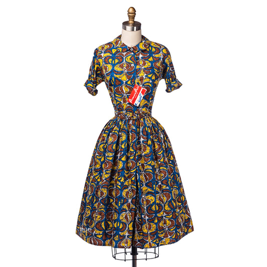 vintage 1960’s dress ...deadstock hawaiian tiki M. Lowenstein mid-century tapa print shirtwaist dress