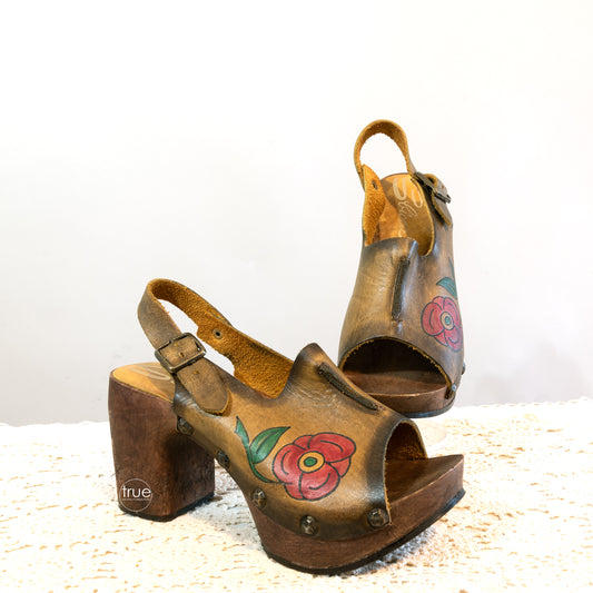 vintage 1970's shoes ...rare SBICCA ROCKERS tooled leather flower platform sandals clogs