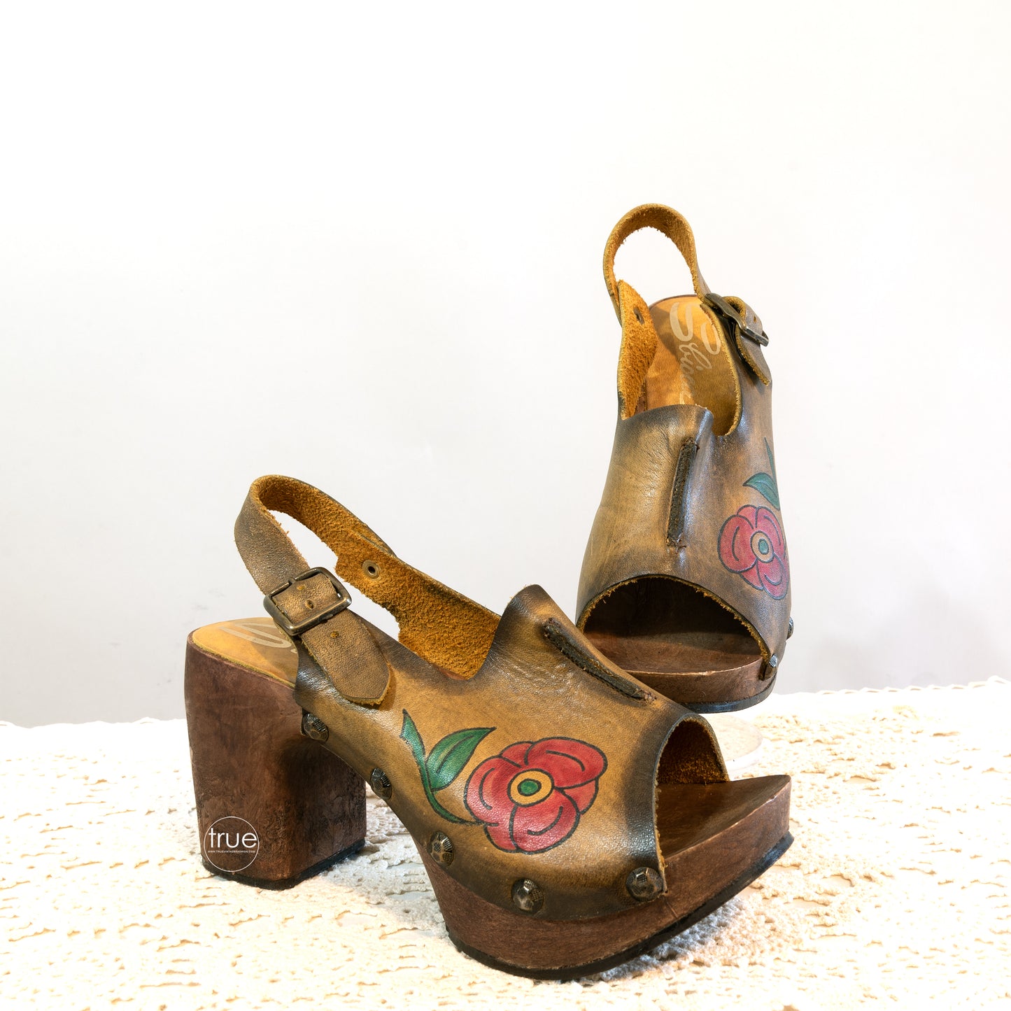 vintage 1970's shoes ...rare SBICCA ROCKERS tooled leather flower platform sandals clogs