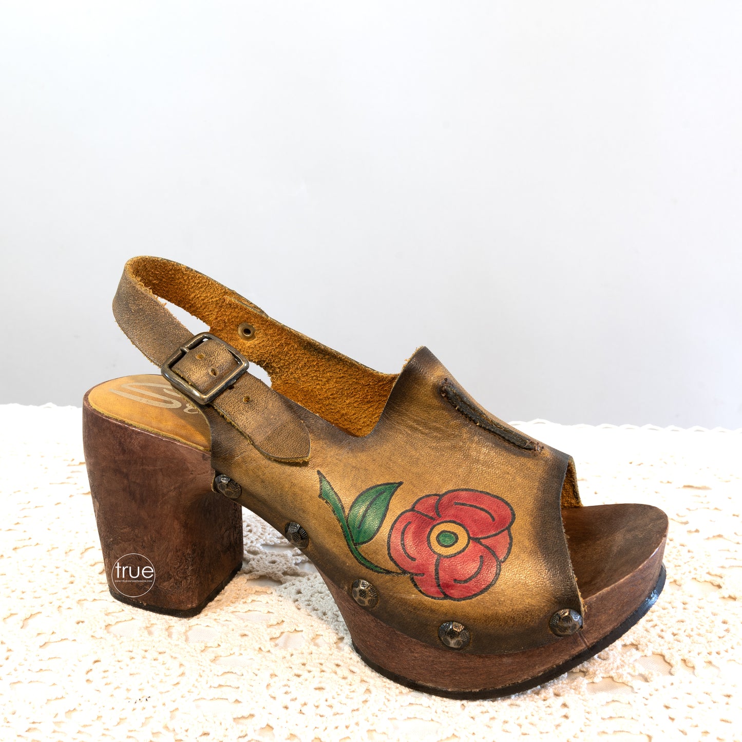 vintage 1970's shoes ...rare SBICCA ROCKERS tooled leather flower platform sandals clogs
