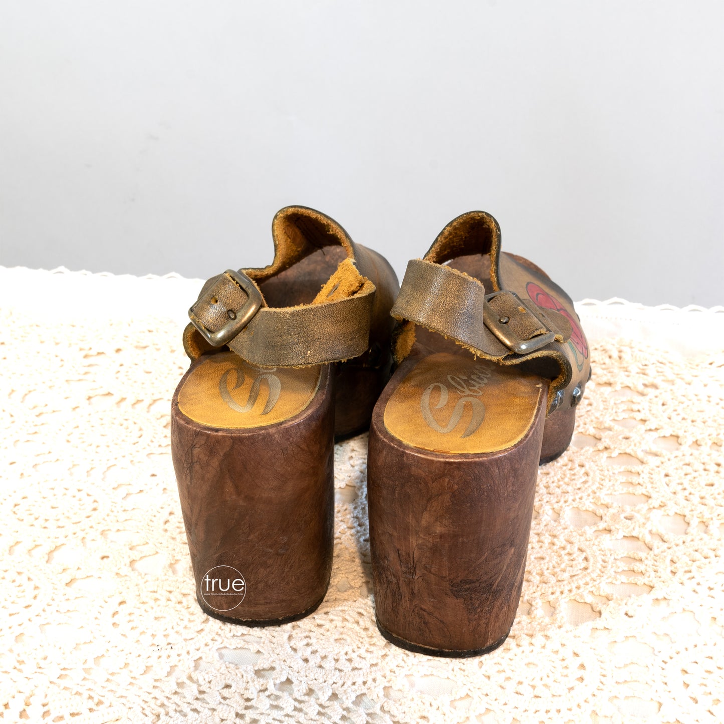 vintage 1970's shoes ...rare SBICCA ROCKERS tooled leather flower platform sandals clogs