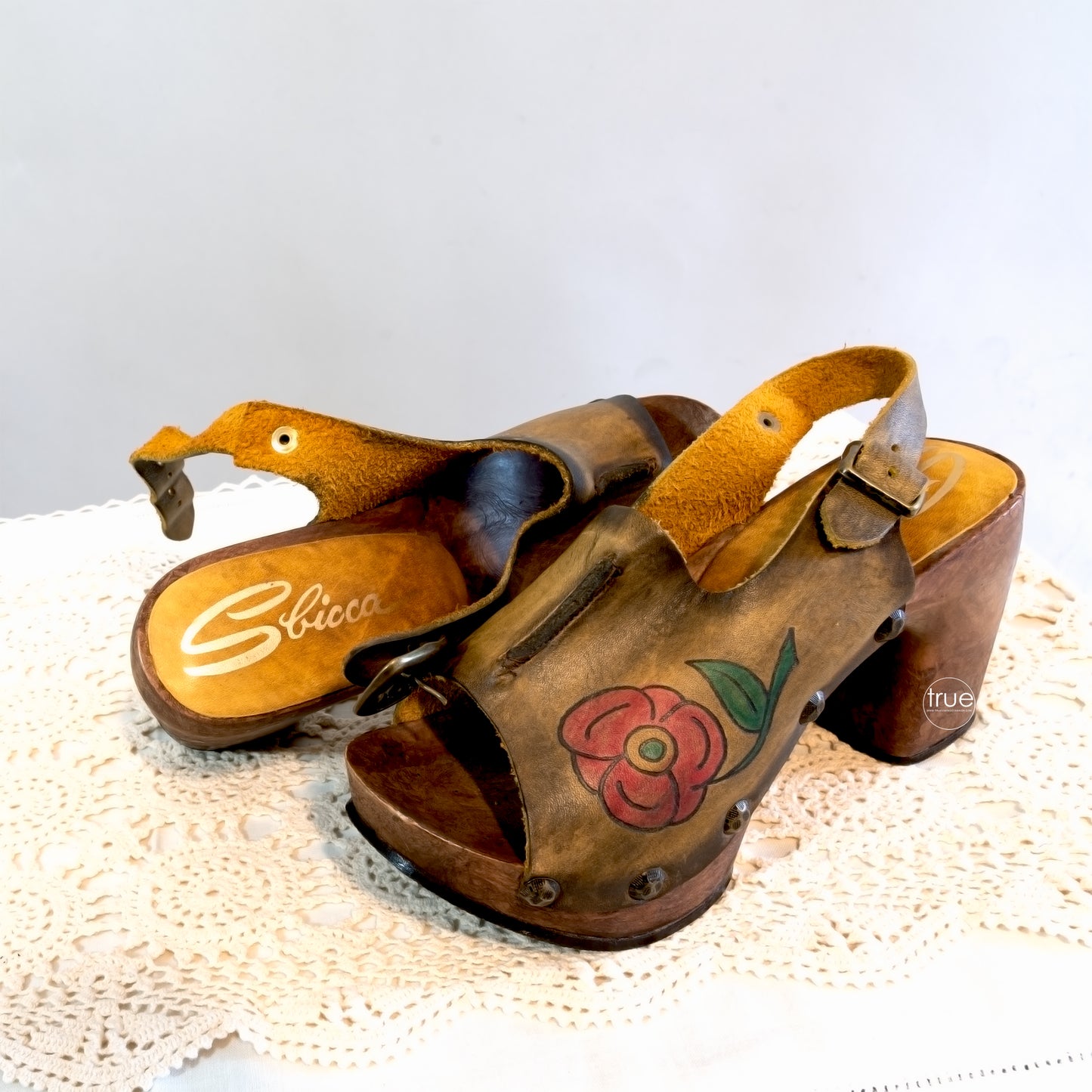 vintage 1970's shoes ...rare SBICCA ROCKERS tooled leather flower platform sandals clogs