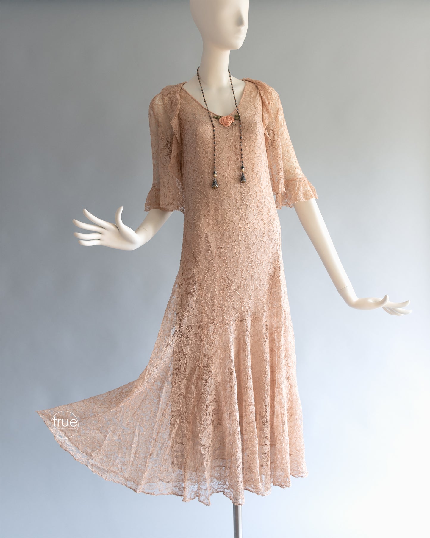 vintage 1920's - 1930's dress ...lovely nude/taupe-ish lace dress with silk flounced slip & jacket