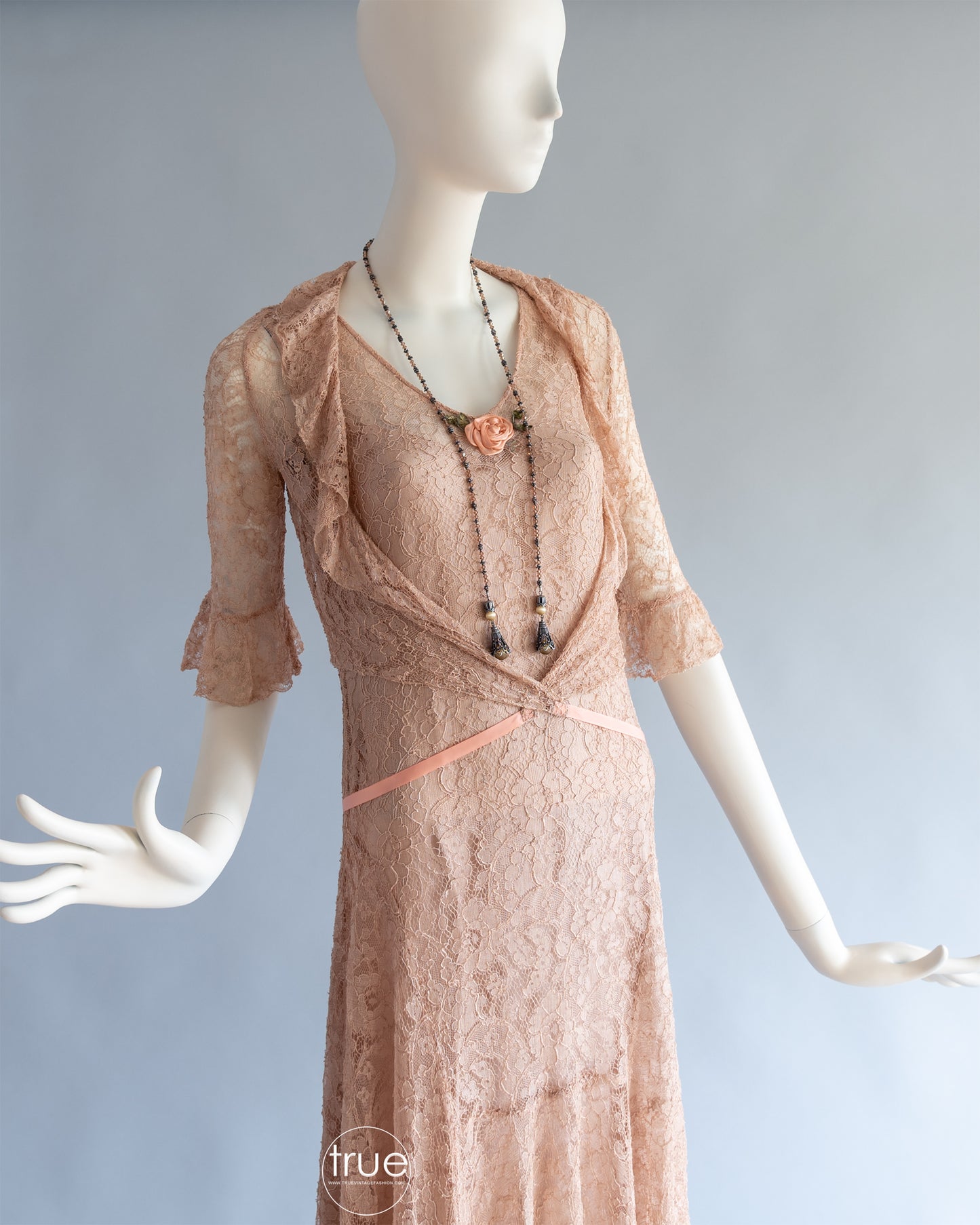 vintage 1920's - 1930's dress ...lovely nude/taupe-ish lace dress with silk flounced slip & jacket
