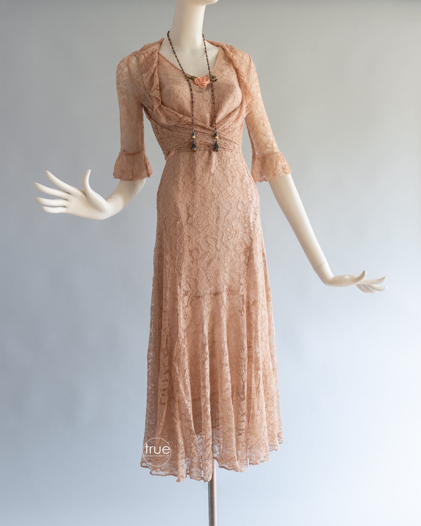 vintage 1920's - 1930's dress ...lovely nude/taupe-ish lace dress with silk flounced slip & jacket