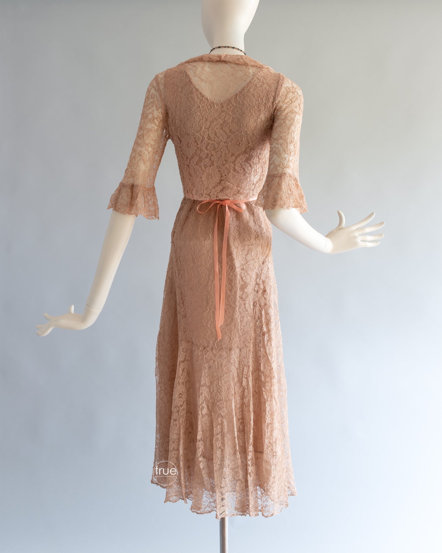 vintage 1920's - 1930's dress ...lovely nude/taupe-ish lace dress with silk flounced slip & jacket