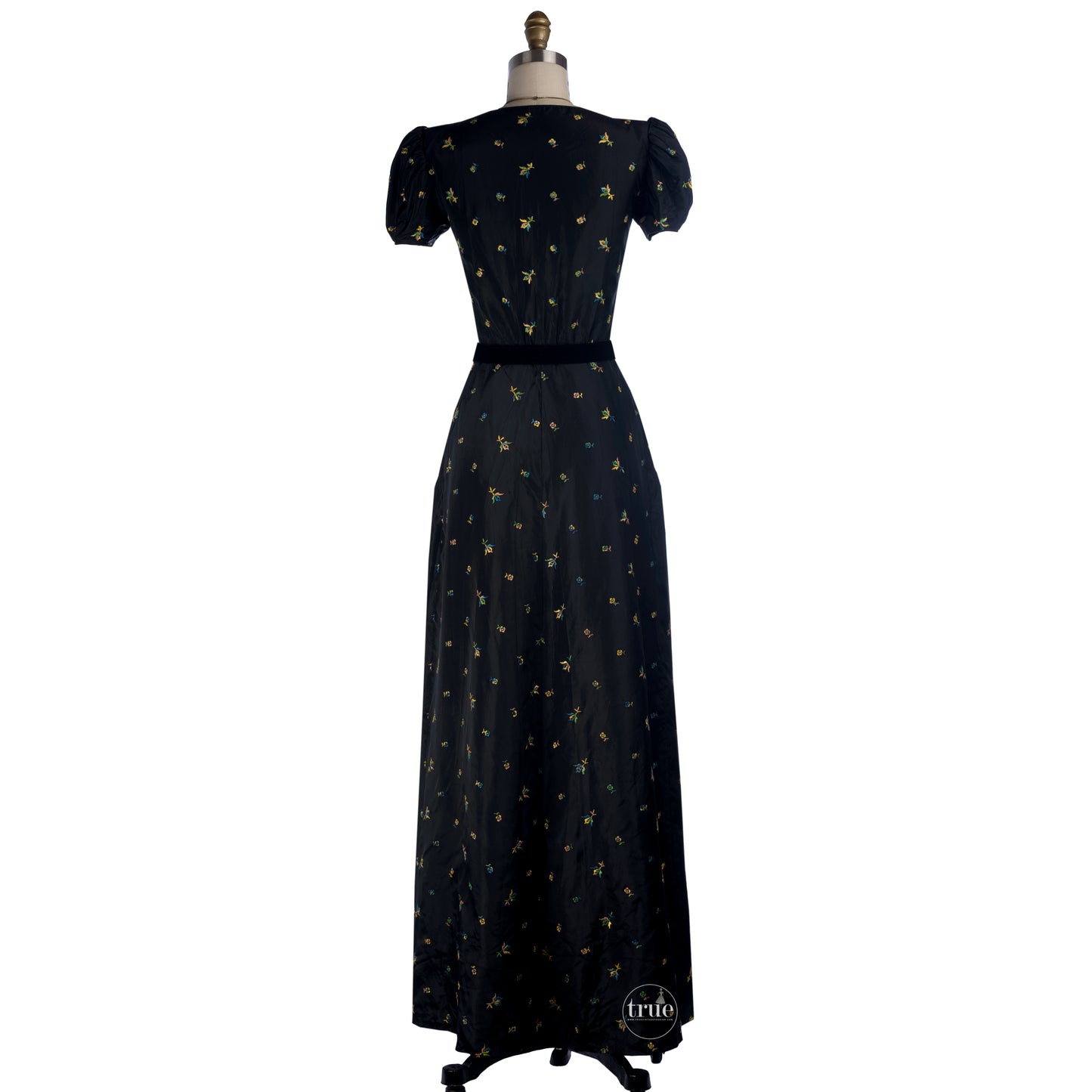 vintage 1930's dress ...black floral embroidered maxi dress with princess sleeves