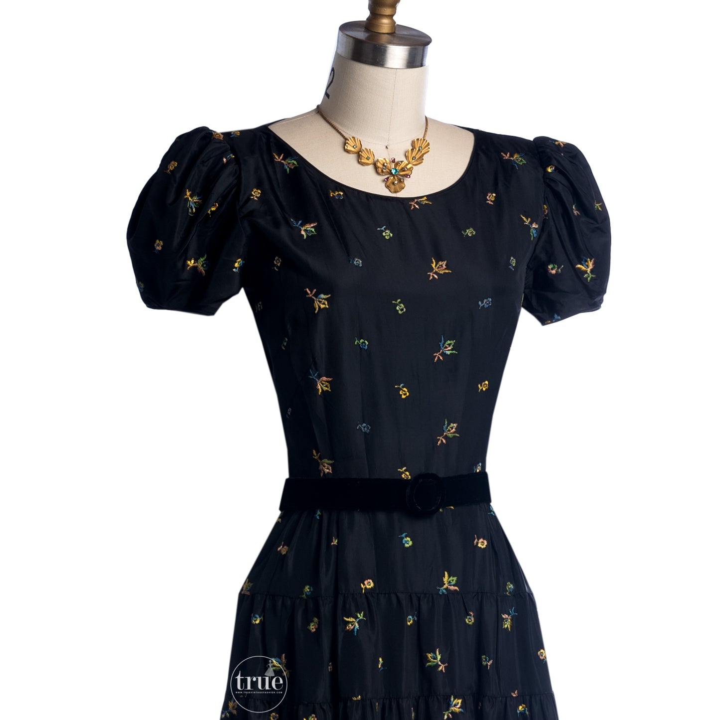 vintage 1930's dress ...black floral embroidered maxi dress with princess sleeves