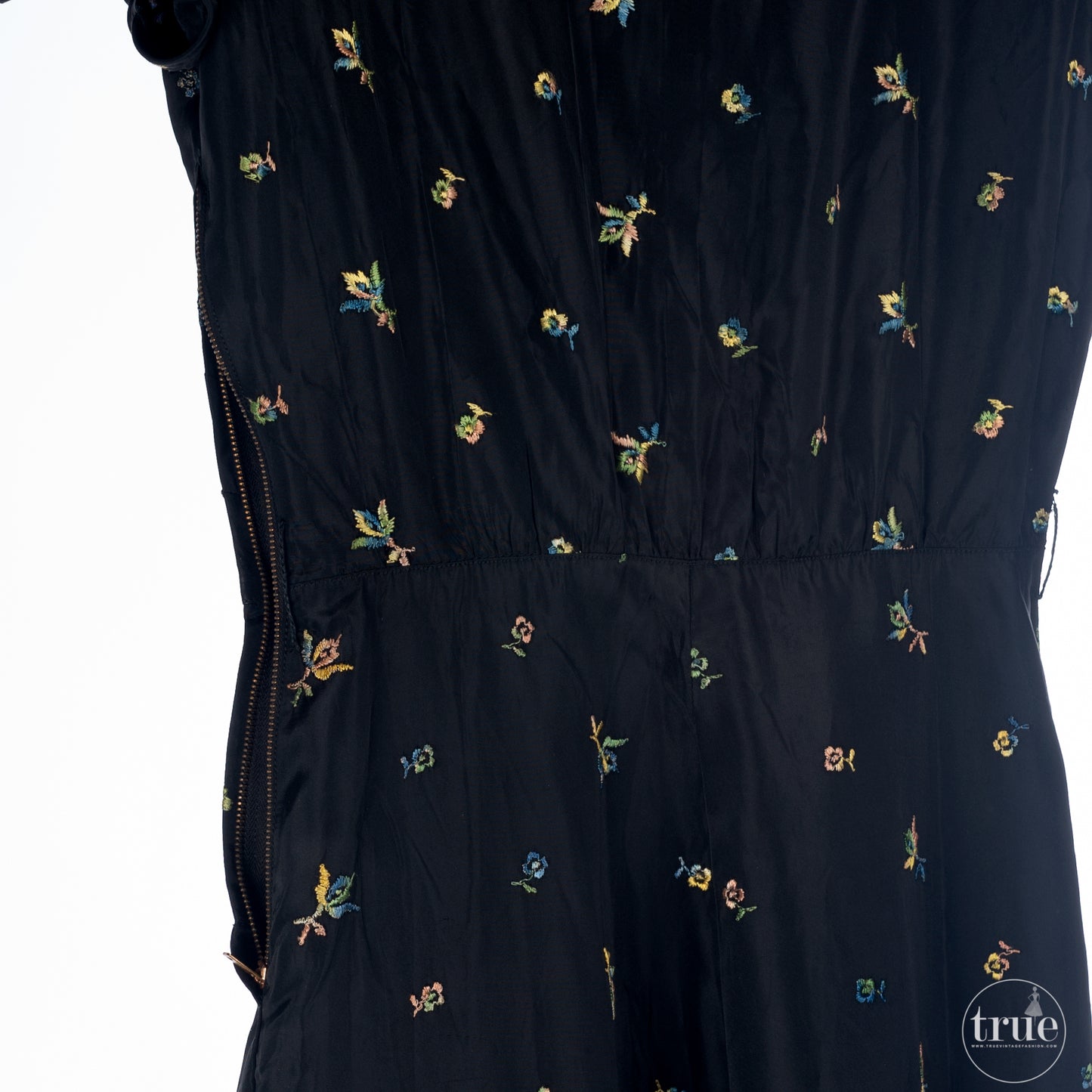 vintage 1930's dress ...black floral embroidered maxi dress with princess sleeves