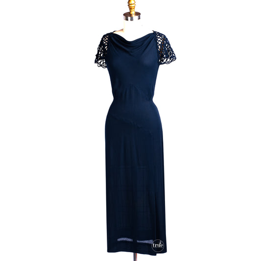 vintage 1930's dress ...navy crepe with corded cage back yoke and flutter sleeves