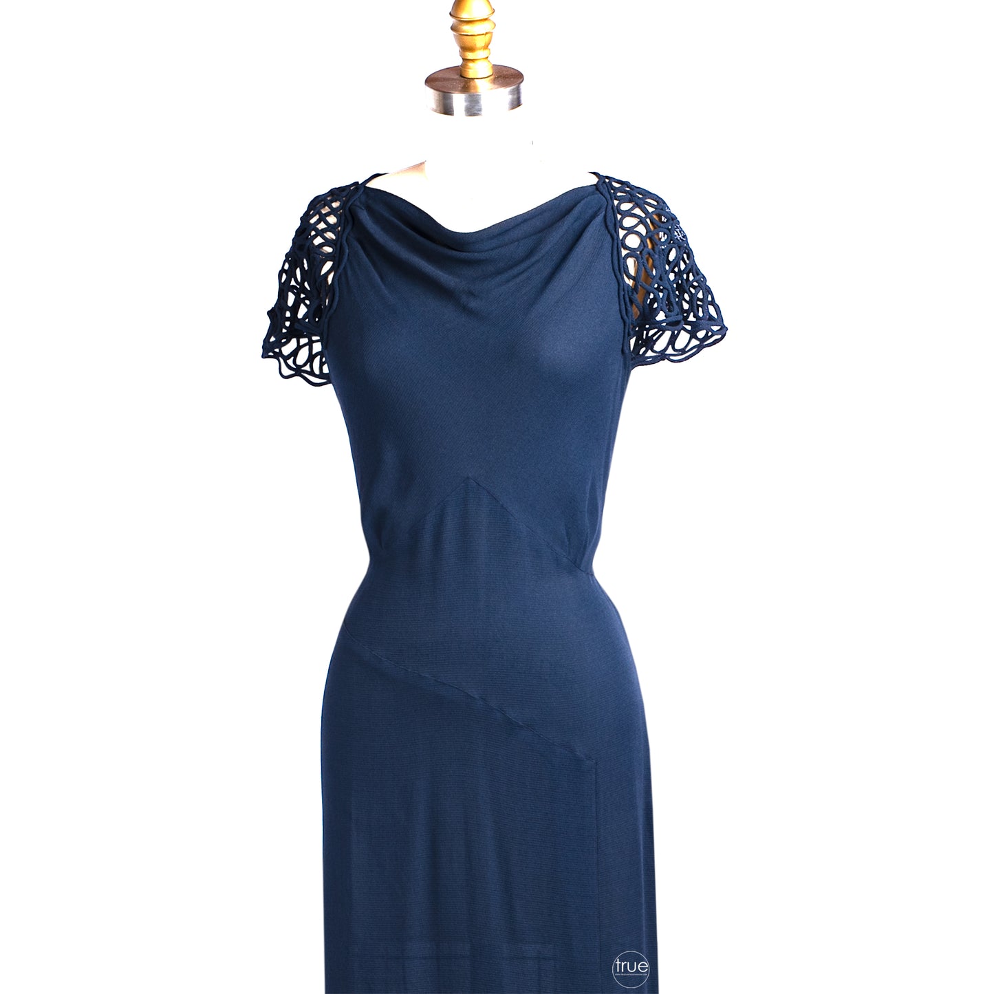 vintage 1930's dress ...navy crepe with corded cage back yoke and flutter sleeves