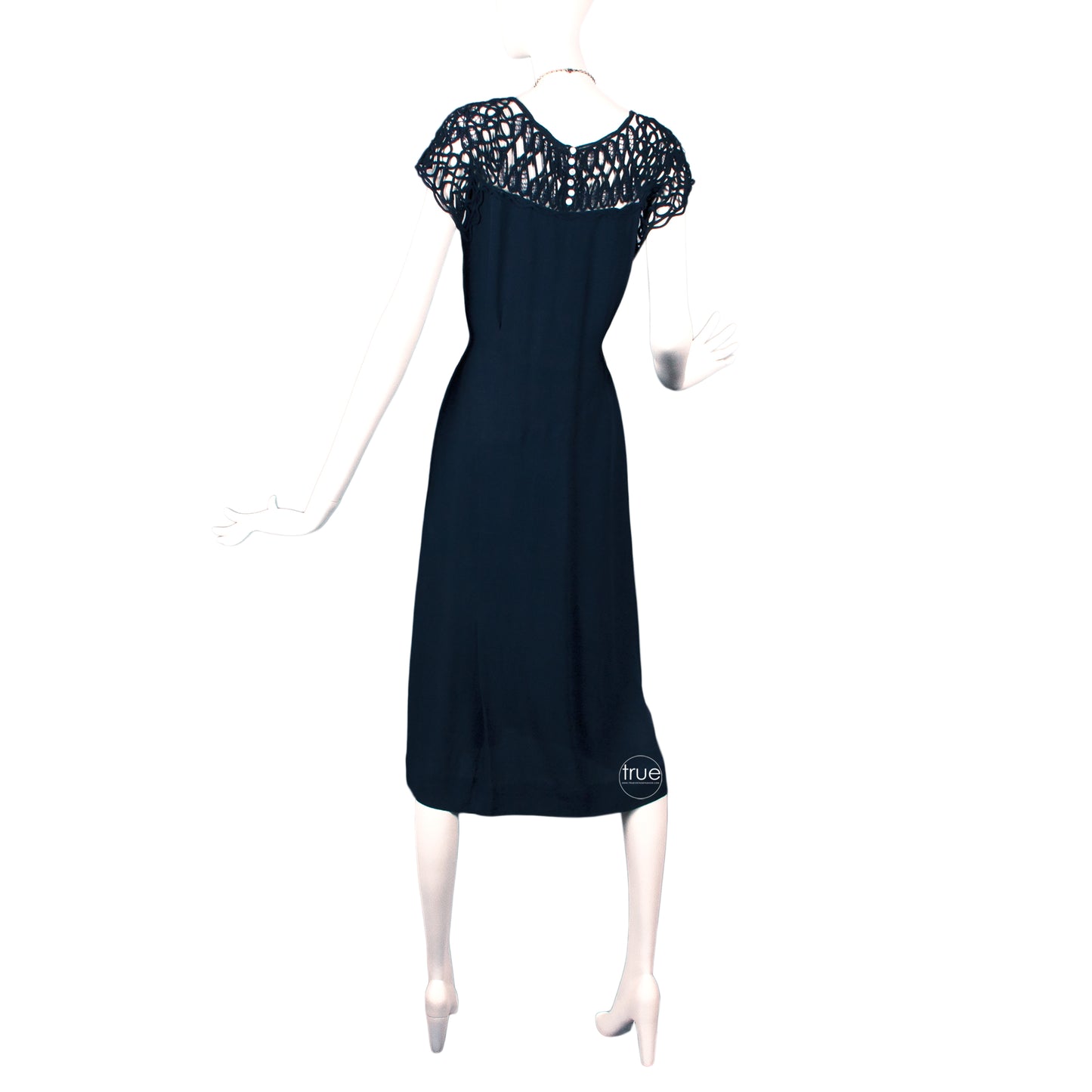 vintage 1930's dress ...navy crepe with corded cage back yoke and flutter sleeves