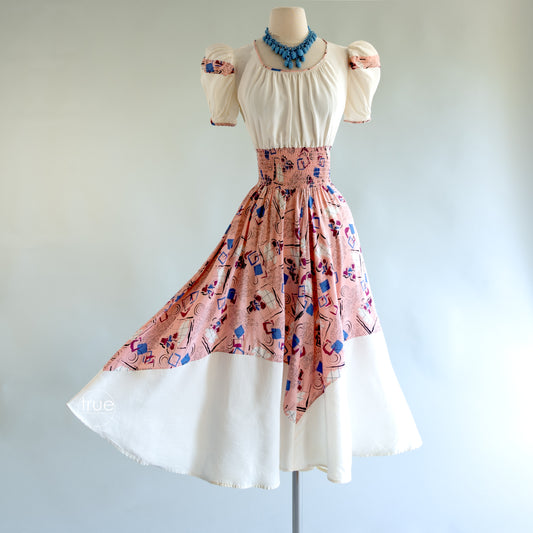 vintage 1930's dress ...very cute rayon novelty print dress with padded puff sleeves