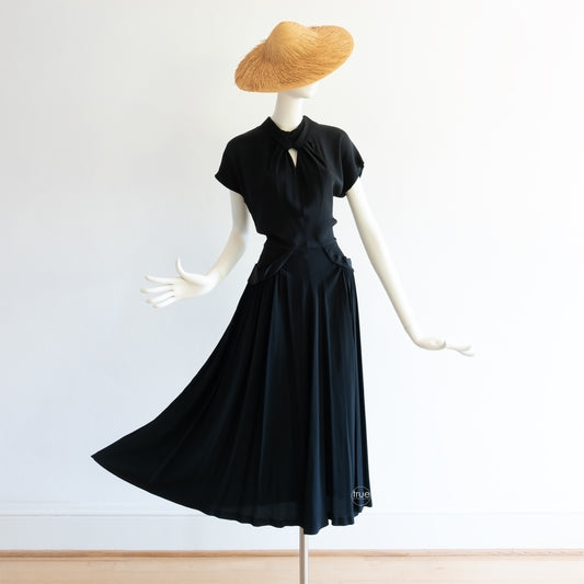 vintage 1940's dress ...jet black slinky crepe keyhole noir dress