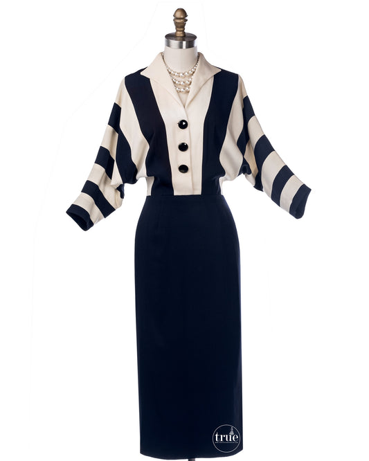 vintage 1940's dress ...fabulous batwing navy & cream gab dress