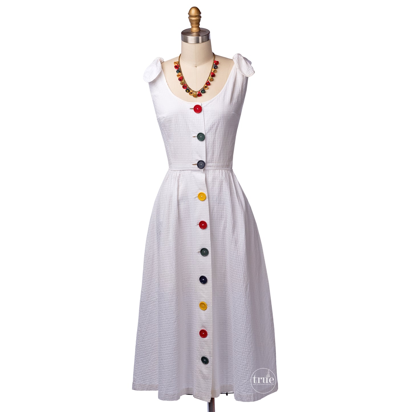 vintage 1940's dress ...a rainbow of Big Buttons on white cotton lattice piqué with tie shoulders
