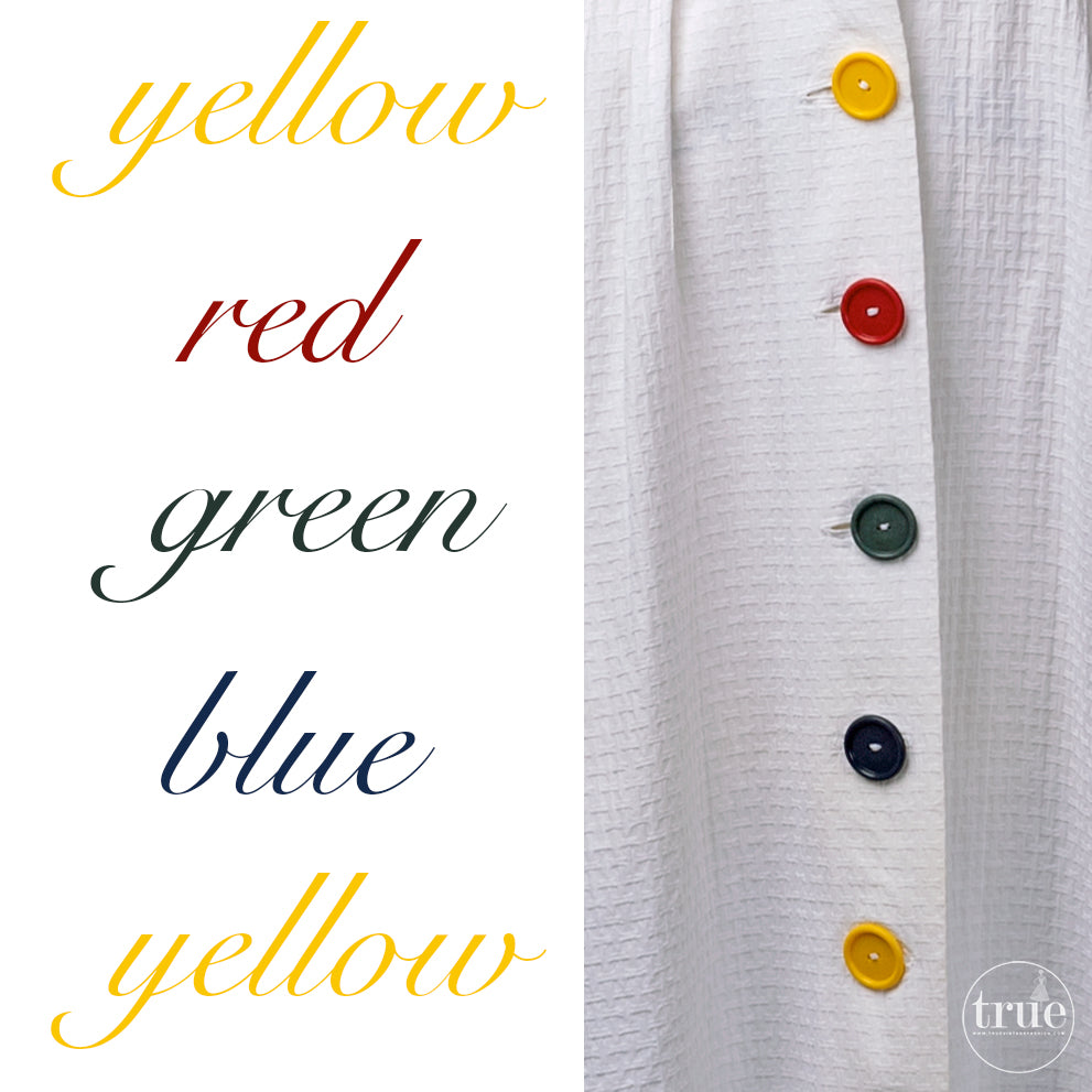vintage 1940's dress ...a rainbow of Big Buttons on white cotton lattice piqué with tie shoulders