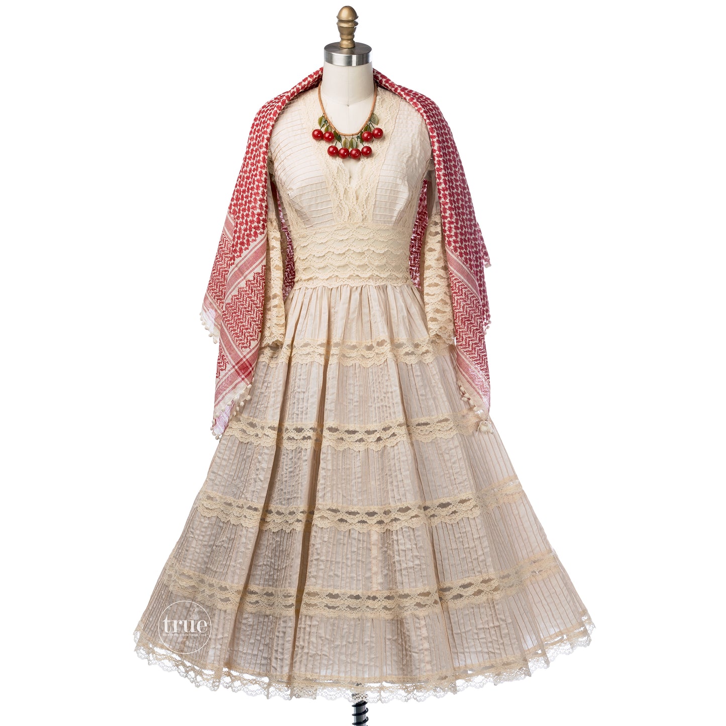 vintage 1940's dress ...classic Mexican pintucks and lace nude cotton full skirt dress