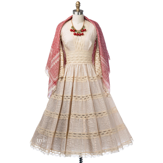 vintage 1940's dress ...classic Mexican pintucks and lace nude cotton full skirt dress