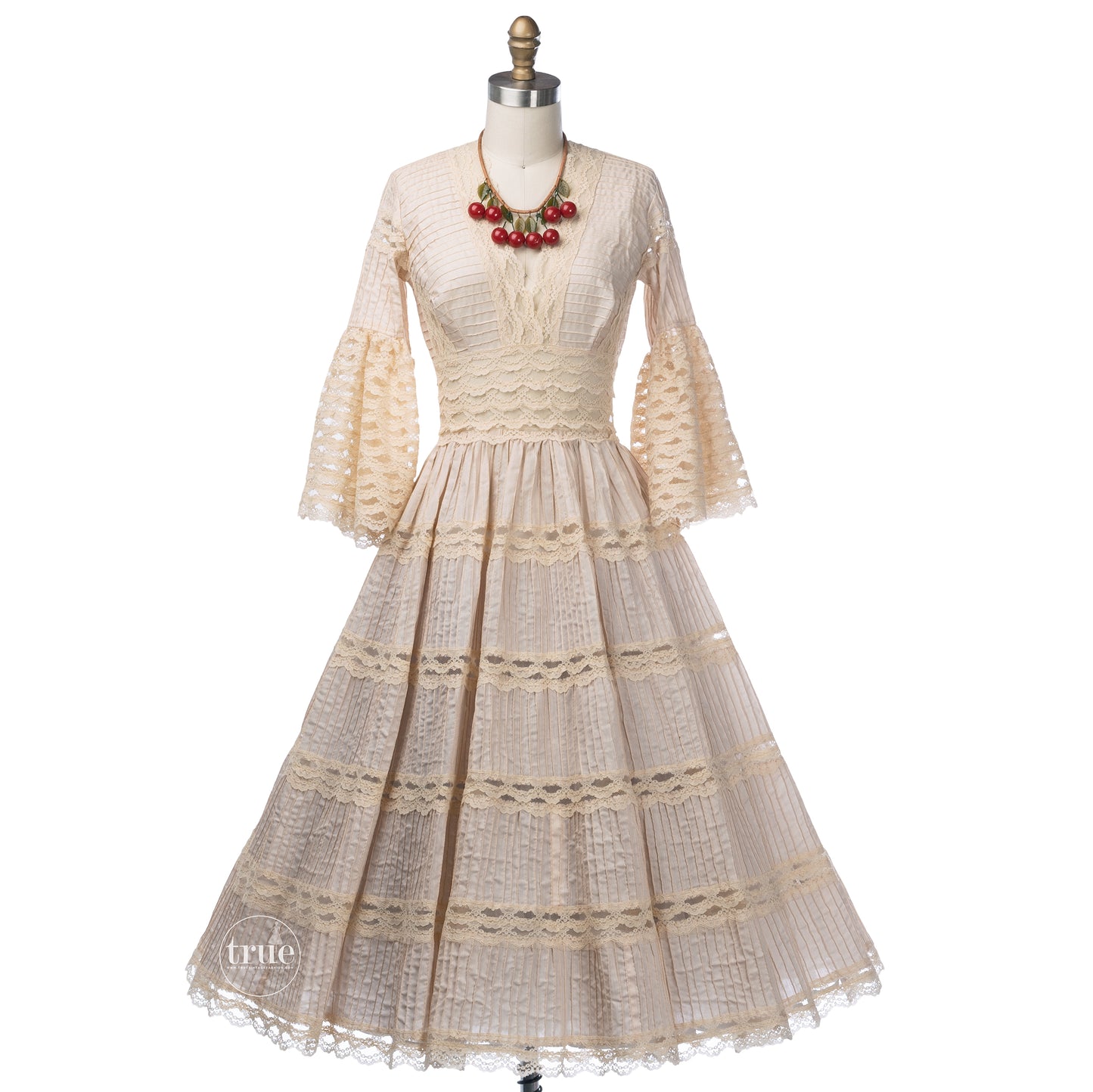 vintage 1940's dress ...classic Mexican pintucks and lace nude cotton full skirt dress