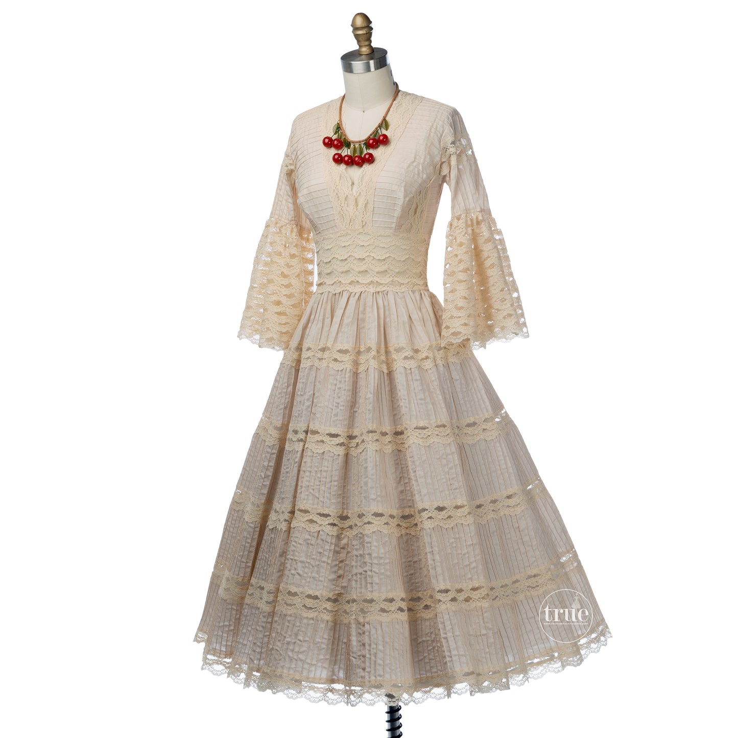 vintage 1940's dress ...classic Mexican pintucks and lace nude cotton full skirt dress