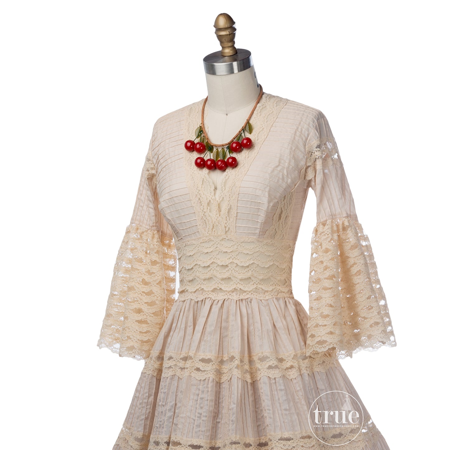 vintage 1940's dress ...classic Mexican pintucks and lace nude cotton full skirt dress