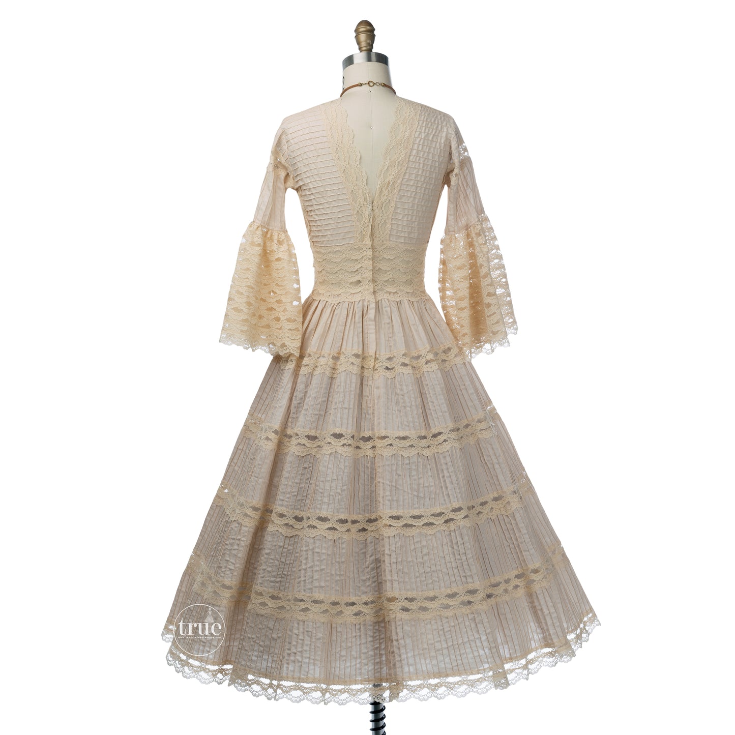 vintage 1940's dress ...classic Mexican pintucks and lace nude cotton full skirt dress