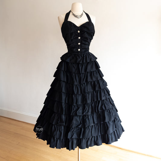 vintage 1940's dress ...timeless black taffeta layers halter dress