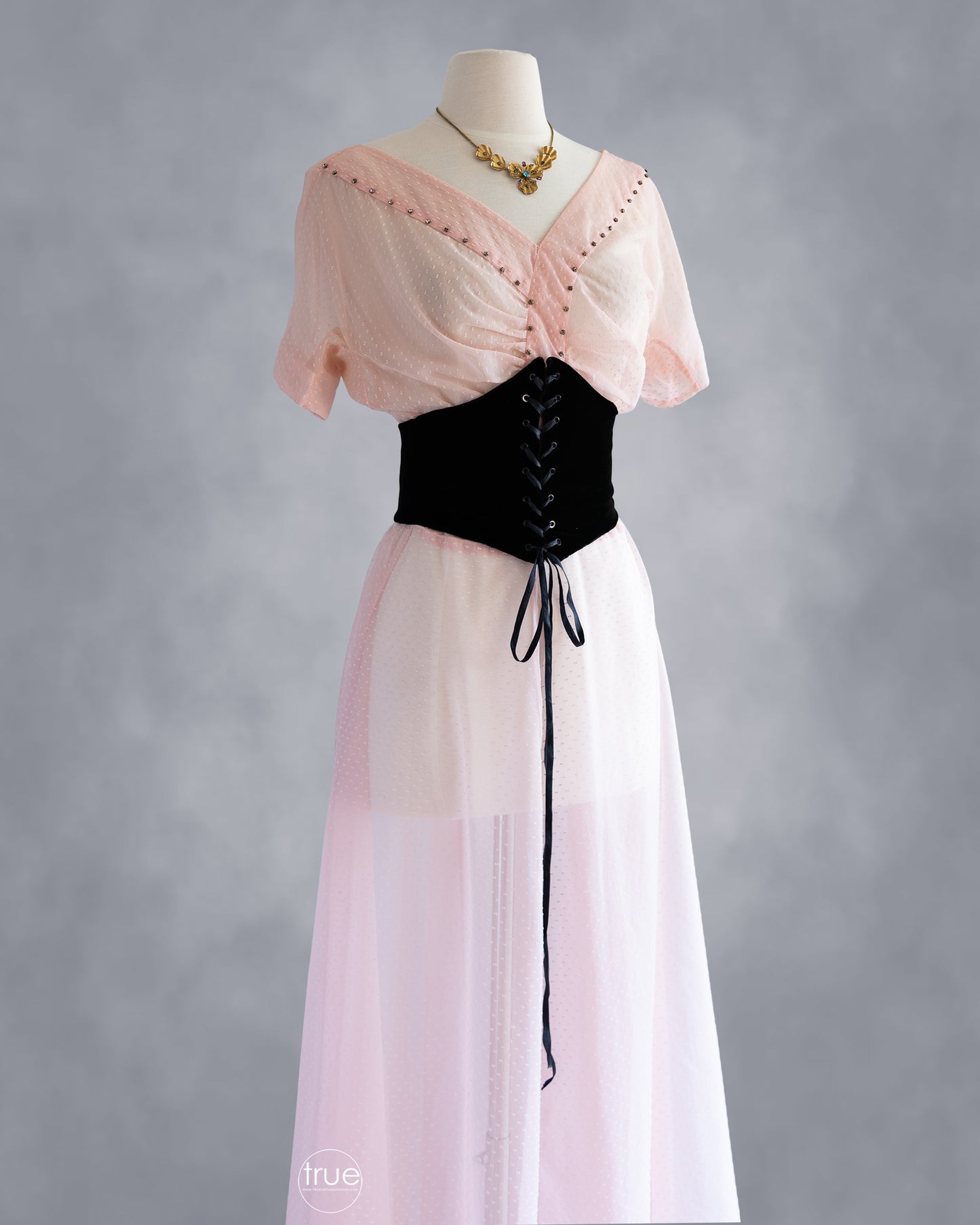 vintage 1940's dress ...sheer pink flocked swiss dots dress with a rhinestone trimmed asymmetrical shirred bodice and full skirt
