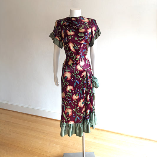 vintage 1940's dress ...gorgeous slinky plum satin floral asymmetrical dress