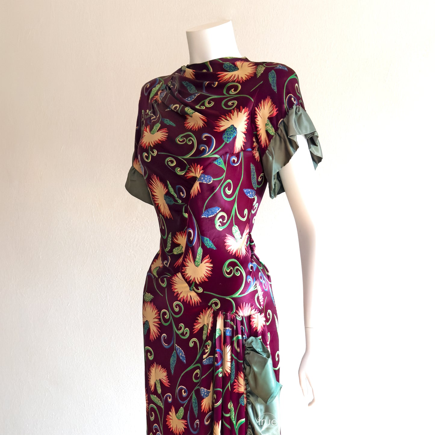 vintage 1940's dress ...gorgeous slinky plum satin floral asymmetrical dress