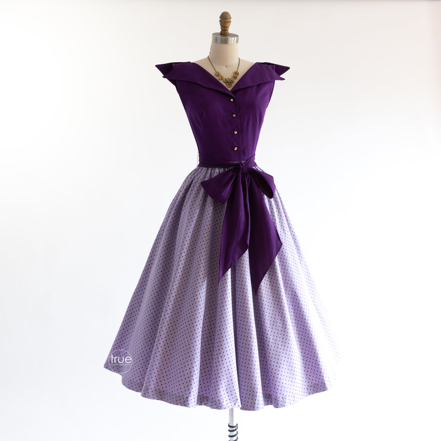 vintage 1940's dress ...purple violet double fin bodice with polka dot skirt