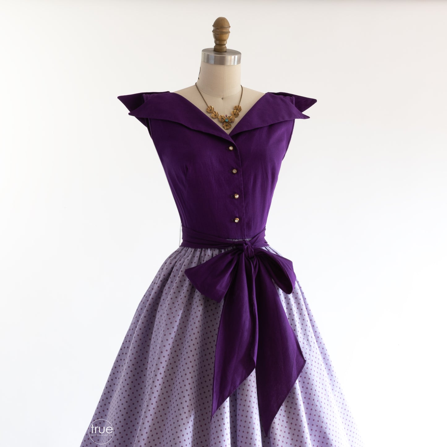 vintage 1940's dress ...purple violet double fin bodice with polka dot skirt