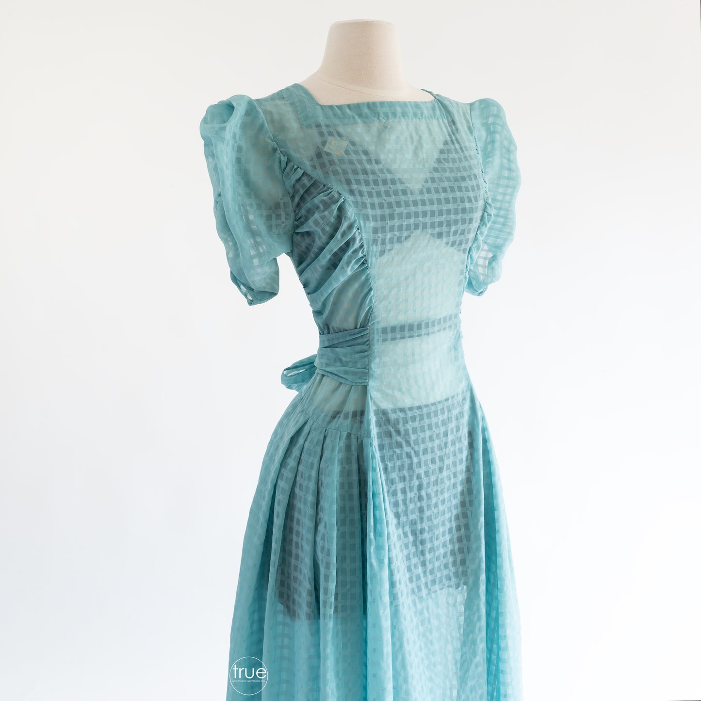 vintage 1940's dress ...sheer delight robins' egg blue window pane lattice weave ruched dress