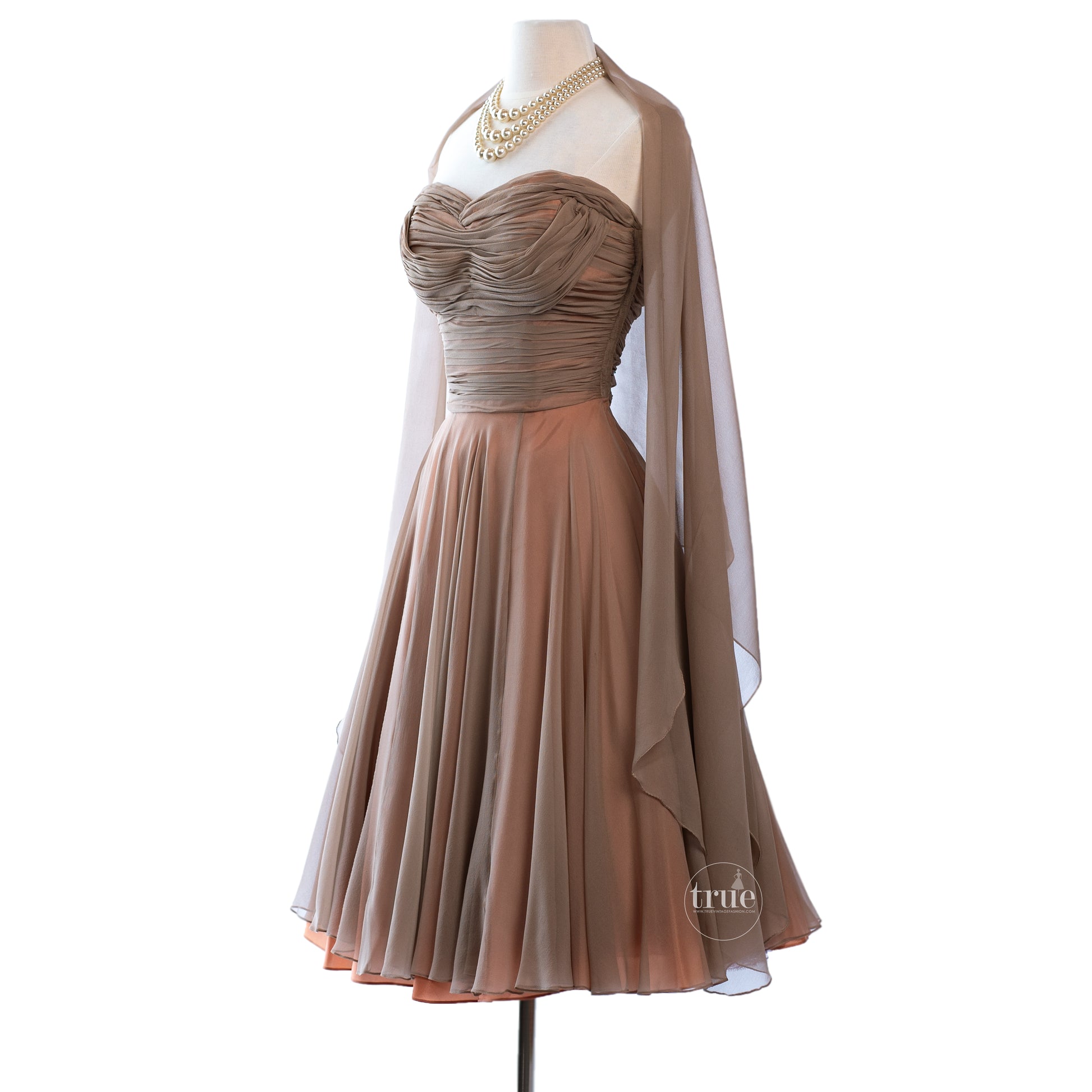 vintage 1950's dress ...dreamy ESTELLE ALLARDALE of beverly hills shirred bodice BOMBSHELL shelf-bust silk chiffon cocktail party dress with shawl