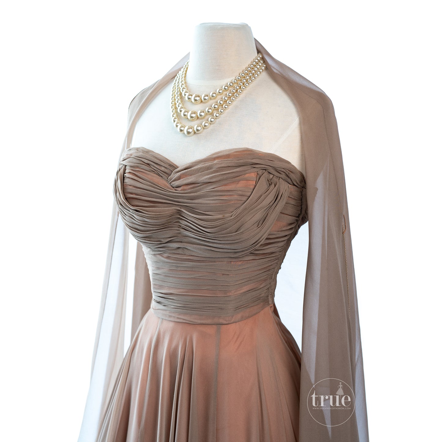 vintage 1950's dress ...dreamy ESTELLE ALLARDALE of beverly hills shirred bodice BOMBSHELL shelf-bust silk chiffon cocktail party dress with shawl