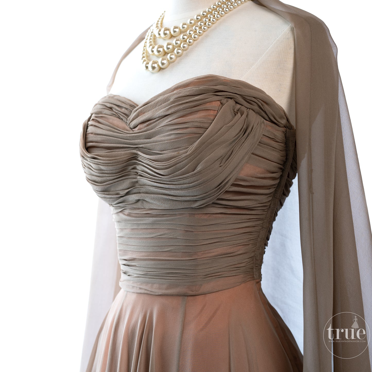 vintage 1950's dress ...dreamy ESTELLE ALLARDALE of beverly hills shirred bodice BOMBSHELL shelf-bust silk chiffon cocktail party dress with shawl