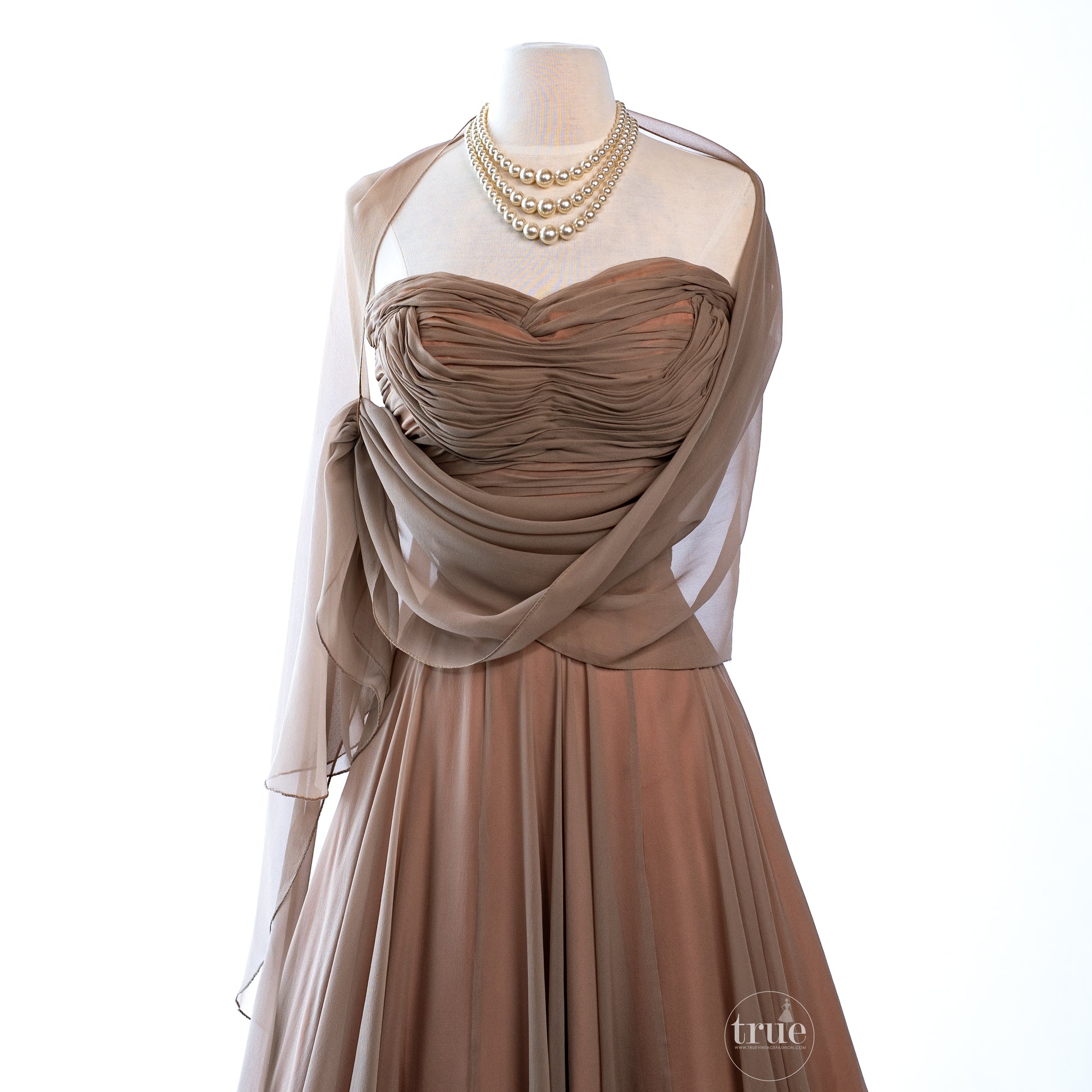 vintage 1950's dress ...dreamy ESTELLE ALLARDALE of beverly hills shirred bodice BOMBSHELL shelf-bust silk chiffon cocktail party dress with shawl